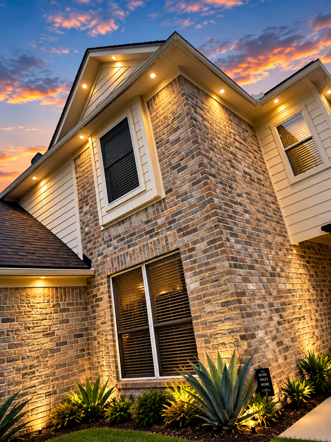 BrightNight architectural uplighting on a brick home